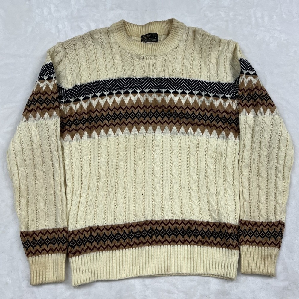 JCPenney Sweater Mens L Cream Fair Isle Cable Knit Vintage Crewneck Pullover